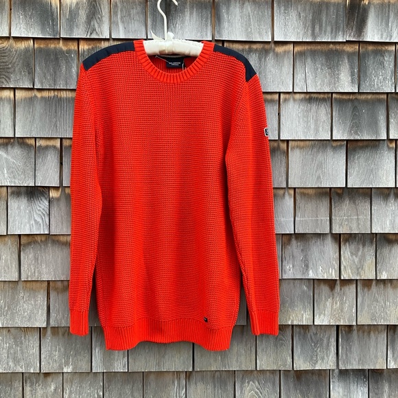Vibrant Orange Crewneck Sweater with Blue Details